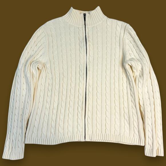 L.L. Bean Sweaters - L.L. Bean Womens L Cardigan Cable Knit Full Zip Cream 278589 100% Cotton